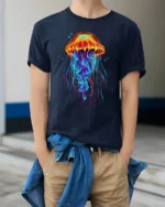 Neon Jellyfish T-Shirt Colorful Deep Sea Ocean Graphic Tee for Beach Lovers - model wearing navy shirt, hands in pockets