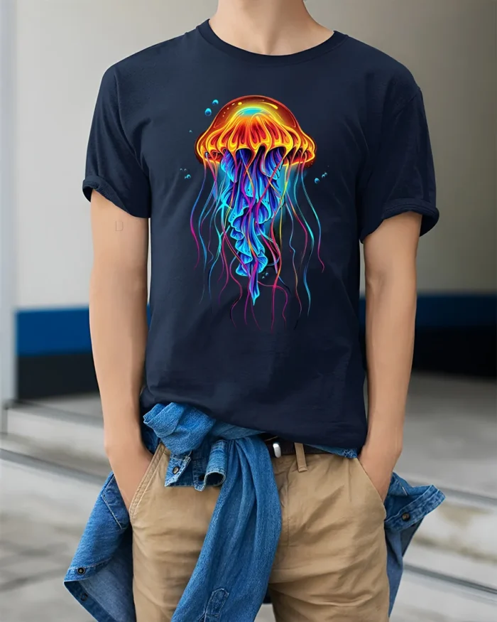 Neon Jellyfish T-Shirt Colorful Deep Sea Ocean Graphic Tee for Beach Lovers - model wearing navy shirt, hands in pockets