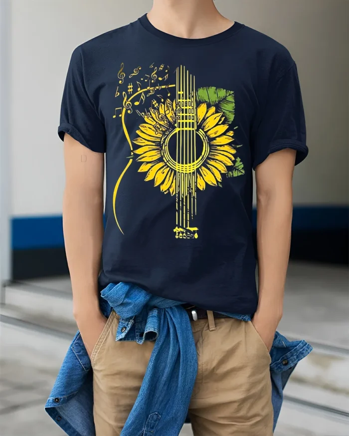 Sunflower Guitar T-Shirt Floral Musical Notes Tee for Music and Nature Lovers - model wearing navy shirt, hands in pockets
