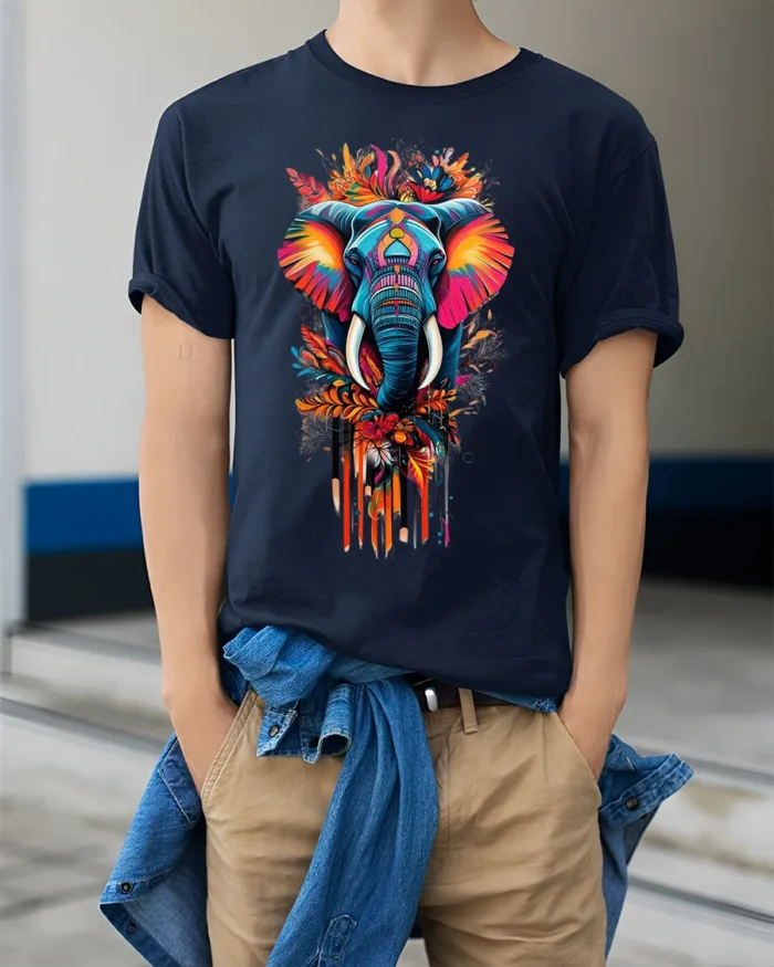 Colorful Elephant T-Shirt Tribal Wildlife Art Tee for Nature and Culture Lovers - model wearing navy shirt, hands in pockets