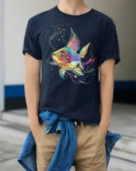 Colorful Fish T-Shirt  Artistic Ocean Life Tee with Rainbow Splash Design - model wearing navy shirt, hands in pockets