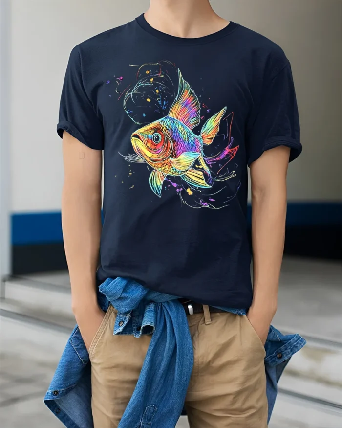 Colorful Fish T-Shirt  Artistic Ocean Life Tee with Rainbow Splash Design - model wearing navy shirt, hands in pockets