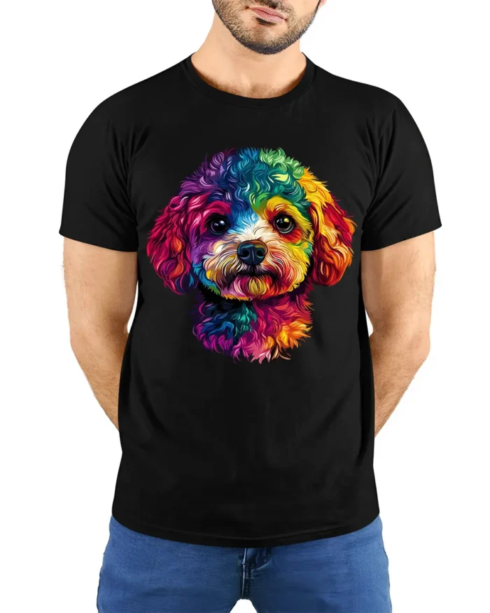 Colorful Puppy Face T-Shirt  Artistic Dog Graphic Tee for Animal Lovers USA - model wearing black shirt, hands behind back