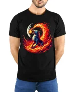 Fire Wolf T-Shirt Fierce Flame Howl Tee with Moon and Burning Energy Art - model wearing black shirt, hands behind back