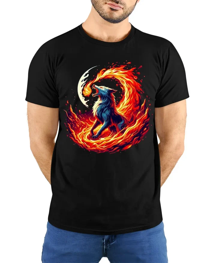 Fire Wolf T-Shirt Fierce Flame Howl Tee with Moon and Burning Energy Art - model wearing black shirt, hands behind back