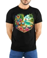 Tropical Heart Beach Summer Pineapple Parrot T-Shirt for Vacation Lovers - model wearing black shirt, hands behind back