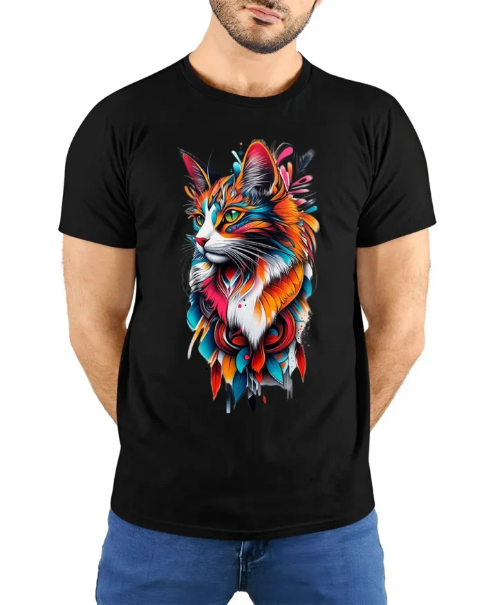 Vibrant Abstract Cat Colorful Artistic Kitten T-Shirt for Cat Lovers - model wearing black shirt, hands behind back