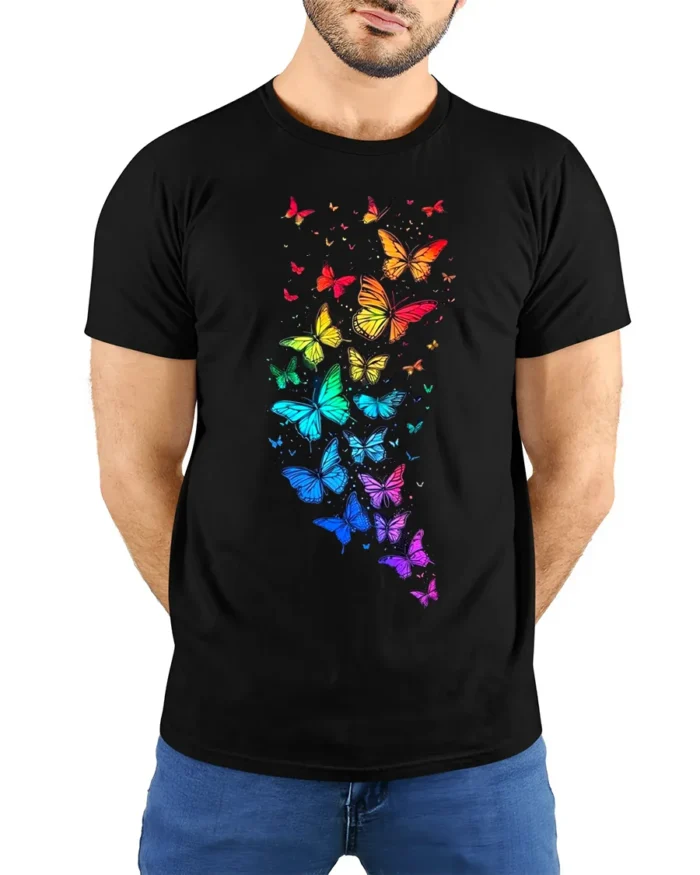Rainbow Wings Colorful Flying Butterflies T-Shirt for Nature Fans - model wearing black shirt, hands behind back