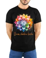 Boom Chakra Lotus Vibrant Meditation Yoga T-Shirt for Spiritual Souls - model wearing black shirt, hands behind back