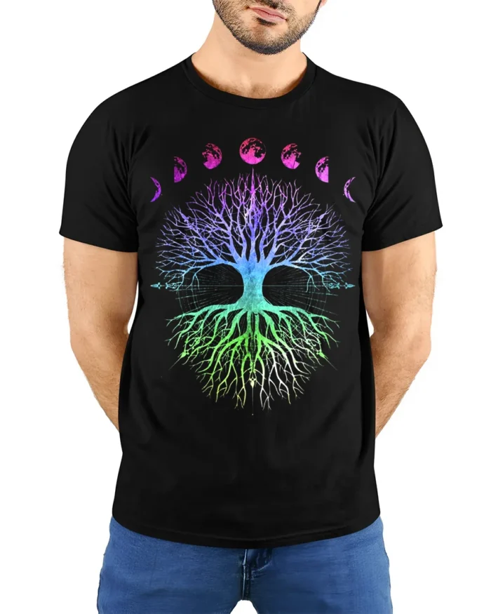 Celestial Chakra Tree - Gradient Moon Phases Tree of Life Yoga Zen T-Shirt - model wearing black shirt, hands behind back
