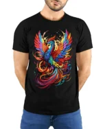 Colorful Phoenix Flight T-Shirt Vibrant Mythical Bird Graphic Tee for US Style - model wearing black shirt, hands behind back