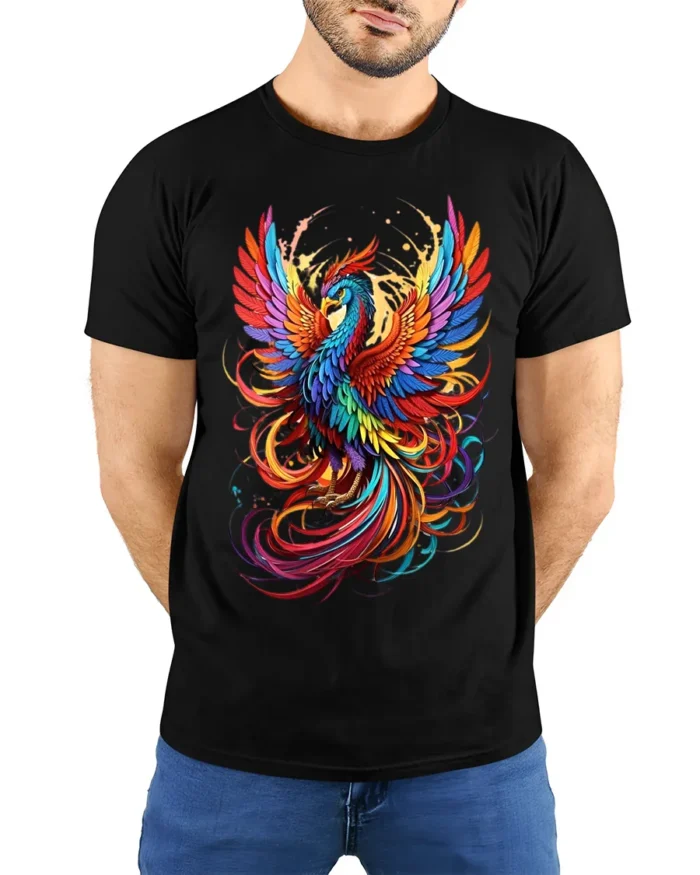 Colorful Phoenix Flight T-Shirt Vibrant Mythical Bird Graphic Tee for US Style - model wearing black shirt, hands behind back