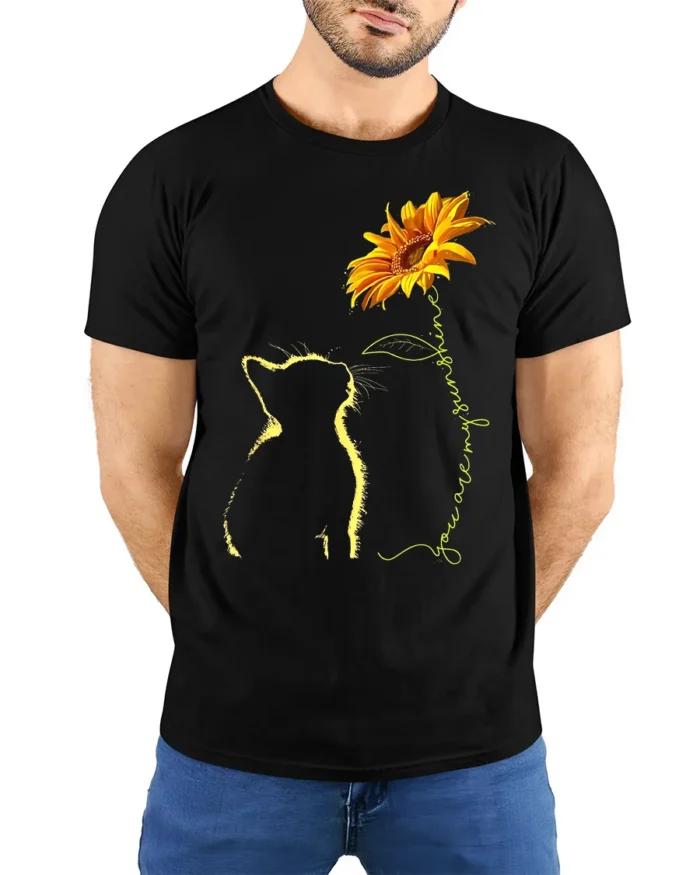 Cat and Sunflower You Are My Sunshine Kitten T-Shirt for Pet Owners - model wearing black shirt, hands behind back