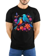 Garden Birds Serenade Vibrant Flowers Bird T-Shirt for Bird Watchers - model wearing black shirt, hands behind back