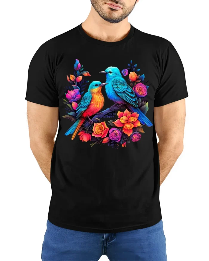 Garden Birds Serenade Vibrant Flowers Bird T-Shirt for Bird Watchers - model wearing black shirt, hands behind back