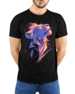 Colorful Lion Head T-Shirt Vibrant King of the Jungle Tee for Lion Lovers - model wearing black shirt, hands behind back