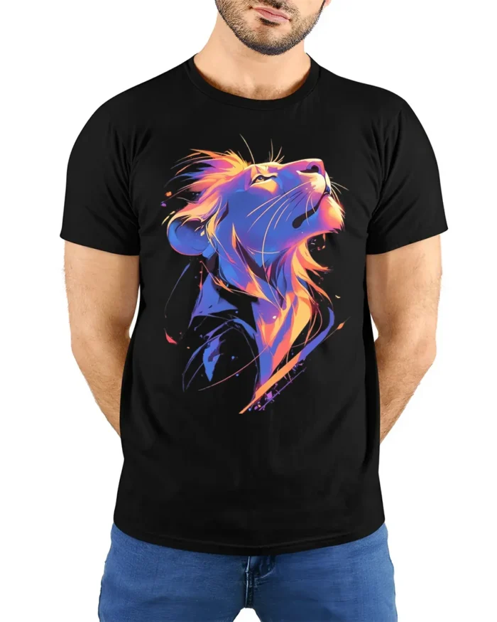 Colorful Lion Head T-Shirt Vibrant King of the Jungle Tee for Lion Lovers - model wearing black shirt, hands behind back