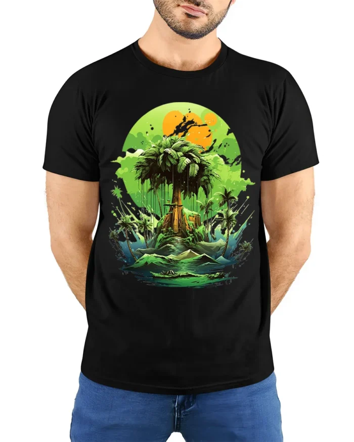 Verdant Island Dream Lush Green Tropical Ocean T-Shirt for Beach Fans - model wearing black shirt, hands behind back