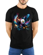 Bold Flying Eagle T-Shirt Vibrant American Symbol Tee in Artistic Design - model wearing black shirt, hands behind back