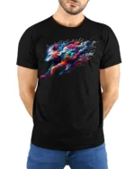 Colorful Wolf T-Shirt Artistic Running Wolf Tee with Fire and Smoke Swirl Design - model wearing black shirt, hands behind back