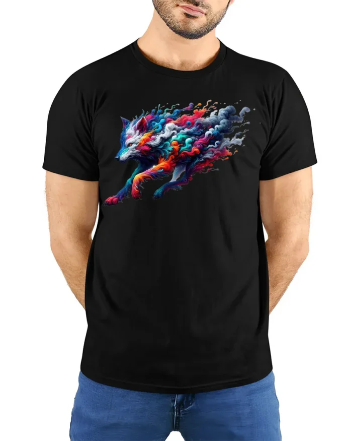Colorful Wolf T-Shirt  Artistic Running Wolf Tee with Fire and Smoke Swirl Design - model wearing black shirt, hands behind back