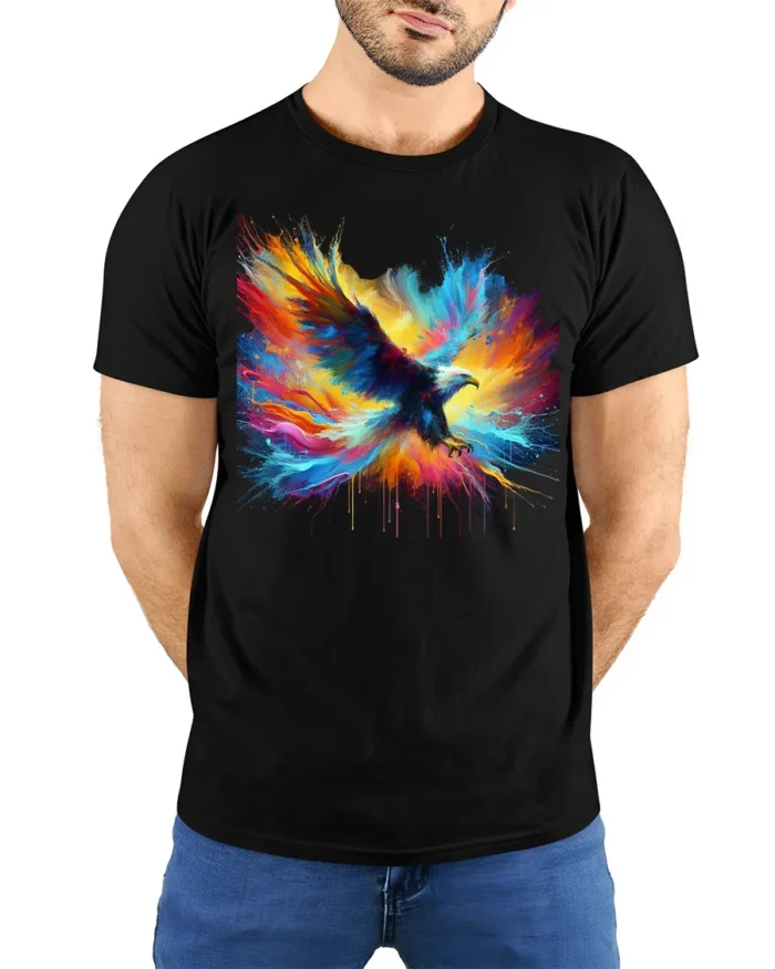 Patriotic Eagle T-Shirt Explosive Color Freedom Bird Graphic Tee for Americans - model wearing black shirt, hands behind back