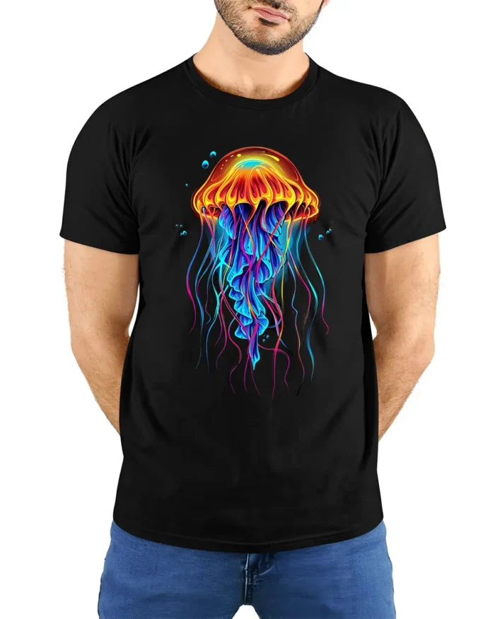 Neon Jellyfish T-Shirt Colorful Deep Sea Ocean Graphic Tee for Beach Lovers - model wearing black shirt, hands behind back