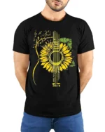Sunflower Guitar T-Shirt Floral Musical Notes Tee for Music and Nature Lovers - model wearing black shirt, hands behind back
