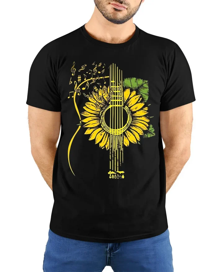 Sunflower Guitar T-Shirt Floral Musical Notes Tee for Music and Nature Lovers - model wearing black shirt, hands behind back