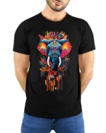 Colorful Elephant T-Shirt Tribal Wildlife Art Tee for Nature and Culture Lovers - model wearing black shirt, hands behind back