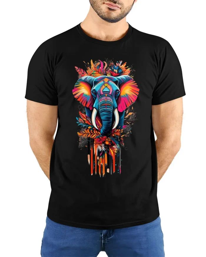 Colorful Elephant T-Shirt Tribal Wildlife Art Tee for Nature and Culture Lovers - model wearing black shirt, hands behind back