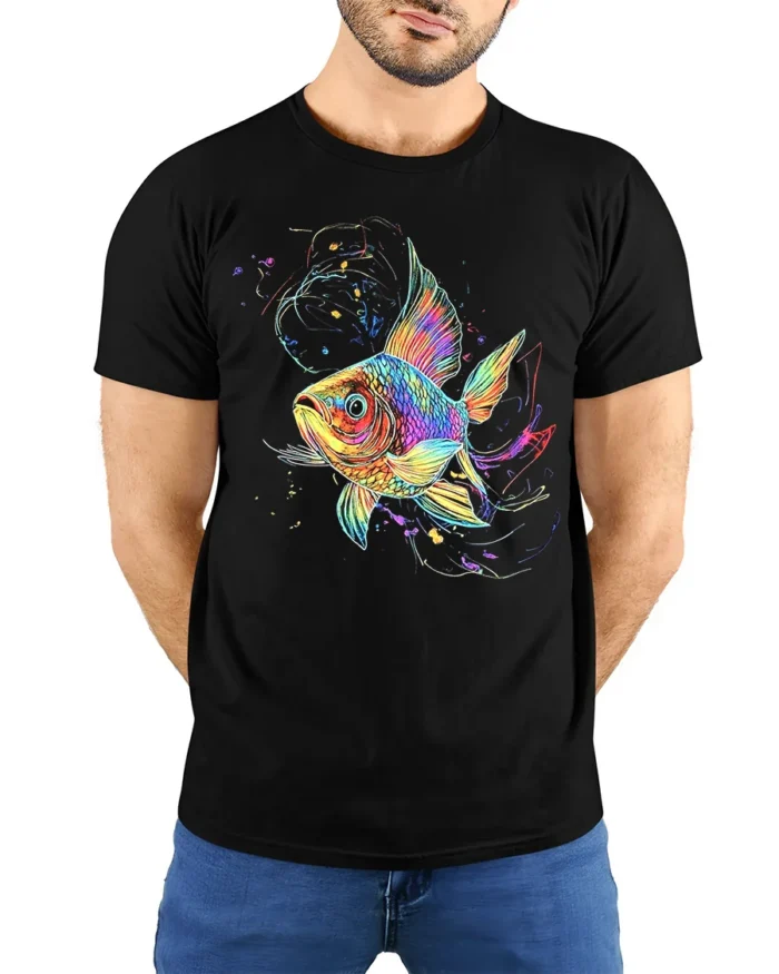 Colorful Fish T-Shirt  Artistic Ocean Life Tee with Rainbow Splash Design - model wearing black shirt, hands behind back