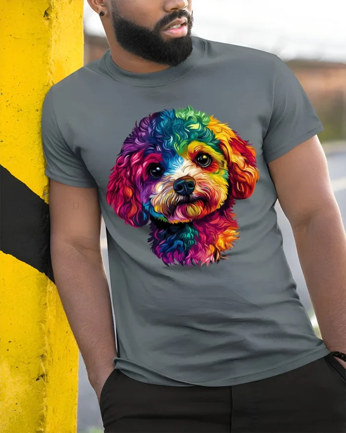 Colorful Puppy Face T-Shirt  Artistic Dog Graphic Tee for Animal Lovers USA - model in grey shirt leaning against column