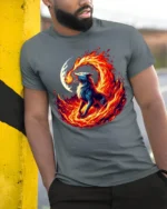 Fire Wolf T-Shirt Fierce Flame Howl Tee with Moon and Burning Energy Art - model in grey shirt leaning against column