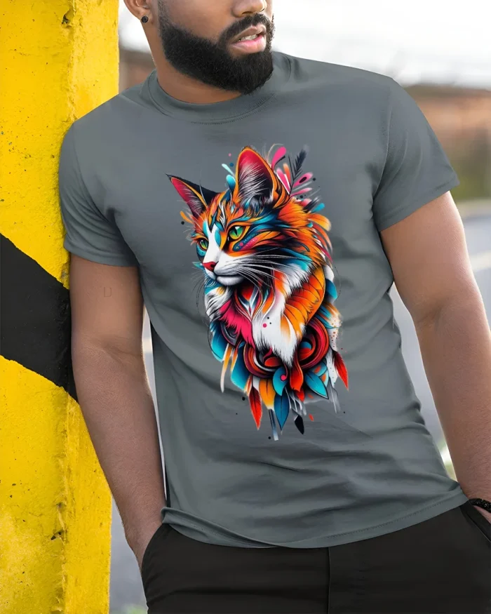 Vibrant Abstract Cat Colorful Artistic Kitten T-Shirt for Cat Lovers - model in grey shirt leaning against column