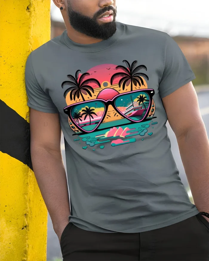 Sunset Reflection T-Shirt Retro Beach Sunglasses Graphic Tee for US Summer - model in grey shirt leaning against column