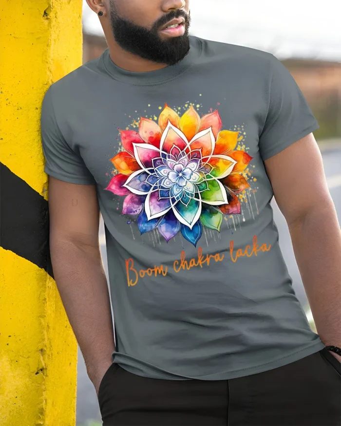 Boom Chakra Lotus Vibrant Meditation Yoga T-Shirt for Spiritual Souls - model in grey shirt leaning against column