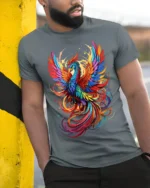 Colorful Phoenix Flight T-Shirt Vibrant Mythical Bird Graphic Tee for US Style - model in grey shirt leaning against column