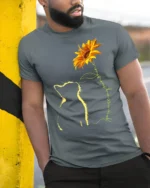 Cat and Sunflower You Are My Sunshine Kitten T-Shirt for Pet Owners - model in grey shirt leaning against column