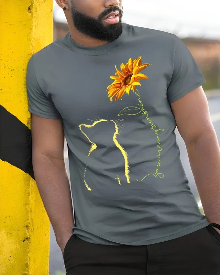 Cat and Sunflower You Are My Sunshine Kitten T-Shirt for Pet Owners - model in grey shirt leaning against column
