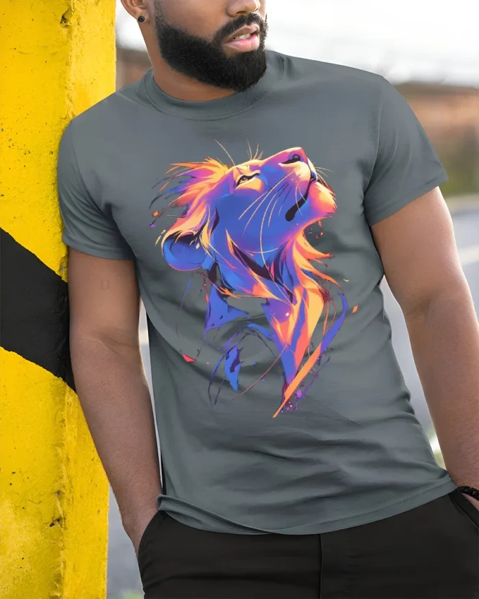 Colorful Lion Head T-Shirt Vibrant King of the Jungle Tee for Lion Lovers - model in grey shirt leaning against column