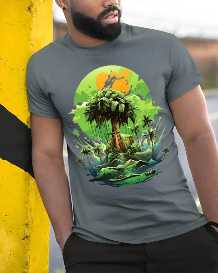Verdant Island Dream Lush Green Tropical Ocean T-Shirt for Beach Fans - model in grey shirt leaning against column