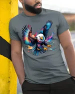 Bold Flying Eagle T-Shirt Vibrant American Symbol Tee in Artistic Design - model in grey shirt leaning against column