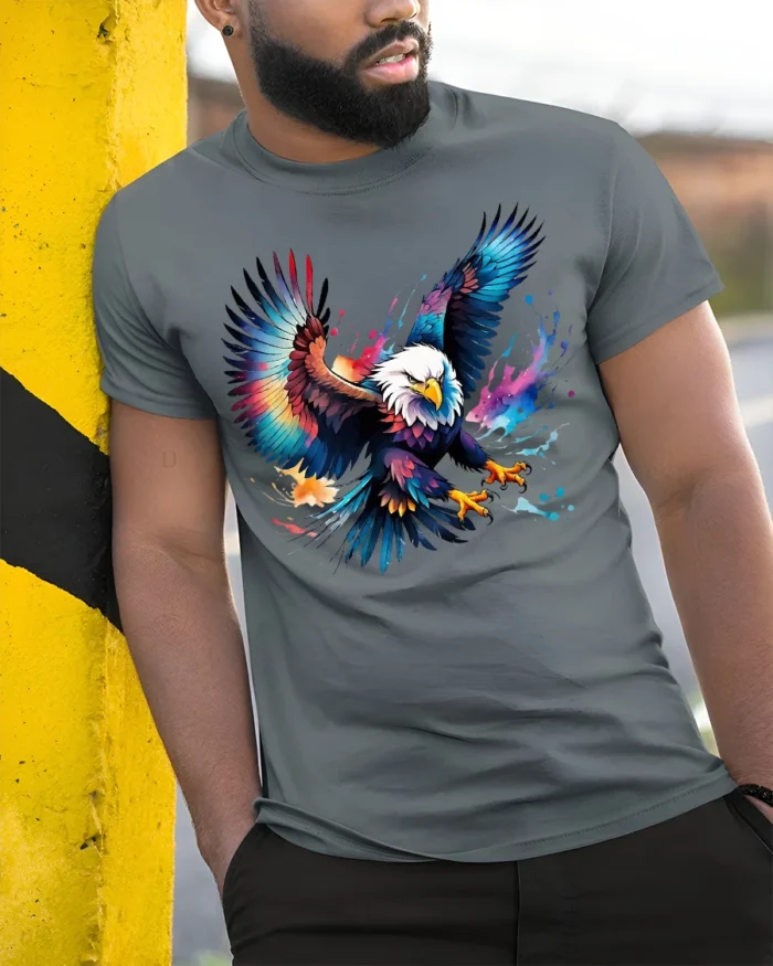 Bold Flying Eagle T-Shirt Vibrant American Symbol Tee in Artistic Design - model in grey shirt leaning against column
