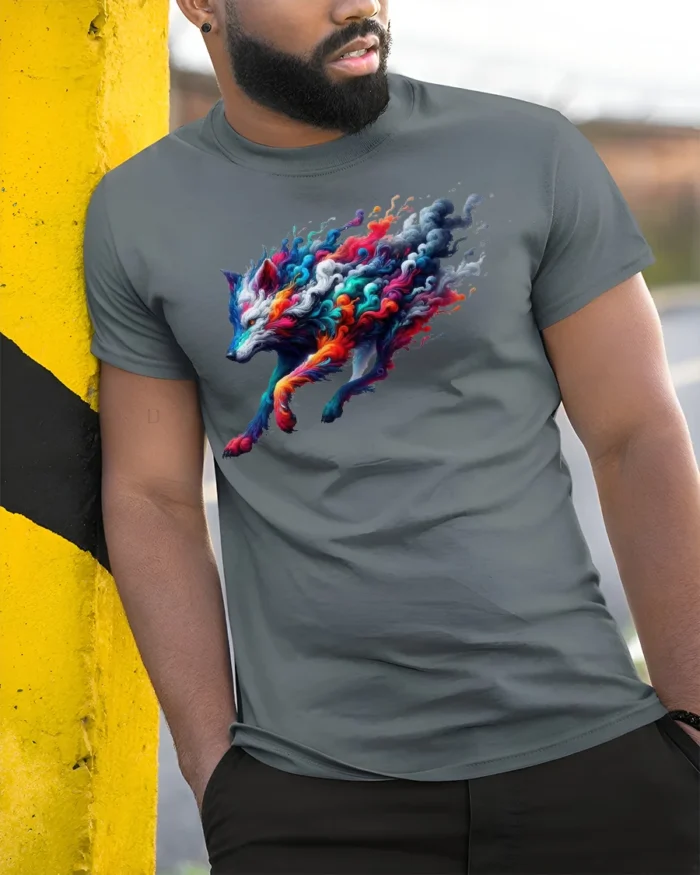 Colorful Wolf T-Shirt  Artistic Running Wolf Tee with Fire and Smoke Swirl Design - model in grey shirt leaning against column
