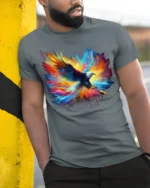 Patriotic Eagle T-Shirt Explosive Color Freedom Bird Graphic Tee for Americans - model in grey shirt leaning against column