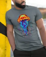 Neon Jellyfish T-Shirt Colorful Deep Sea Ocean Graphic Tee for Beach Lovers - model in grey shirt leaning against column