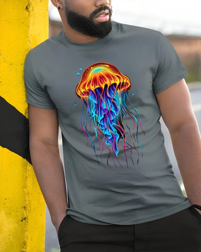 Neon Jellyfish T-Shirt Colorful Deep Sea Ocean Graphic Tee for Beach Lovers - model in grey shirt leaning against column