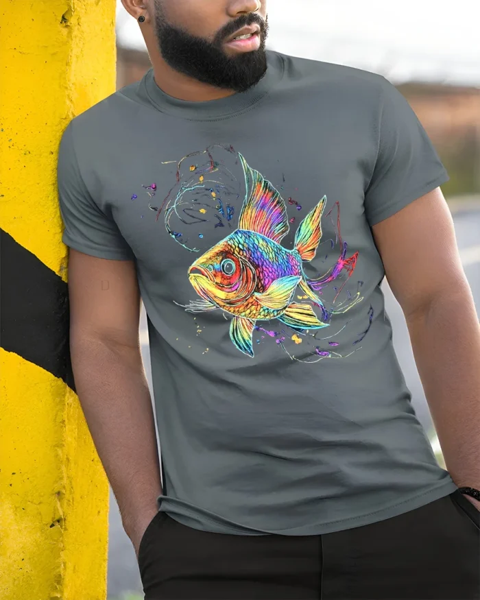 Colorful Fish T-Shirt  Artistic Ocean Life Tee with Rainbow Splash Design - model in grey shirt leaning against column