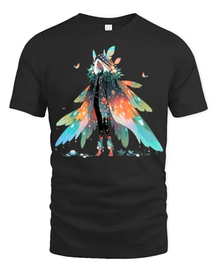 Whimsical Feathered Mage T-Shirt Fantasy Anime Streetwear Tee - black t-shirt on white background